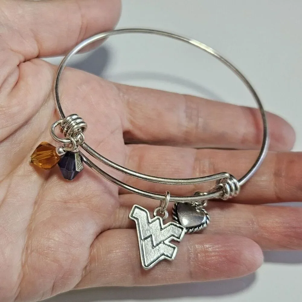West Virginia Mountaineers Silver Tone Slide Heart Bead Charm Bracelet 7.5